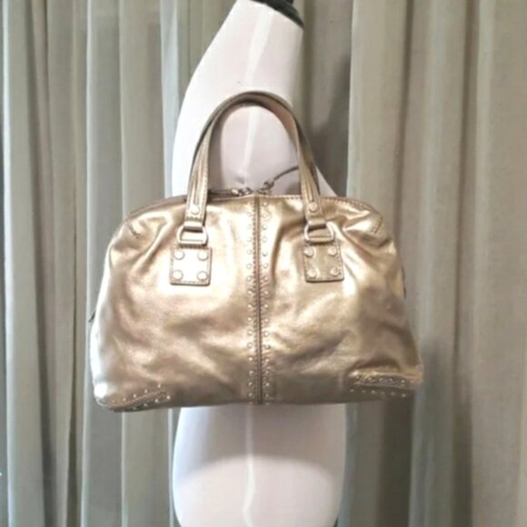 MICHAEL Micheal Kors Metallic Champagne Gold Leather Studded Satchel - Picture 10 of 12